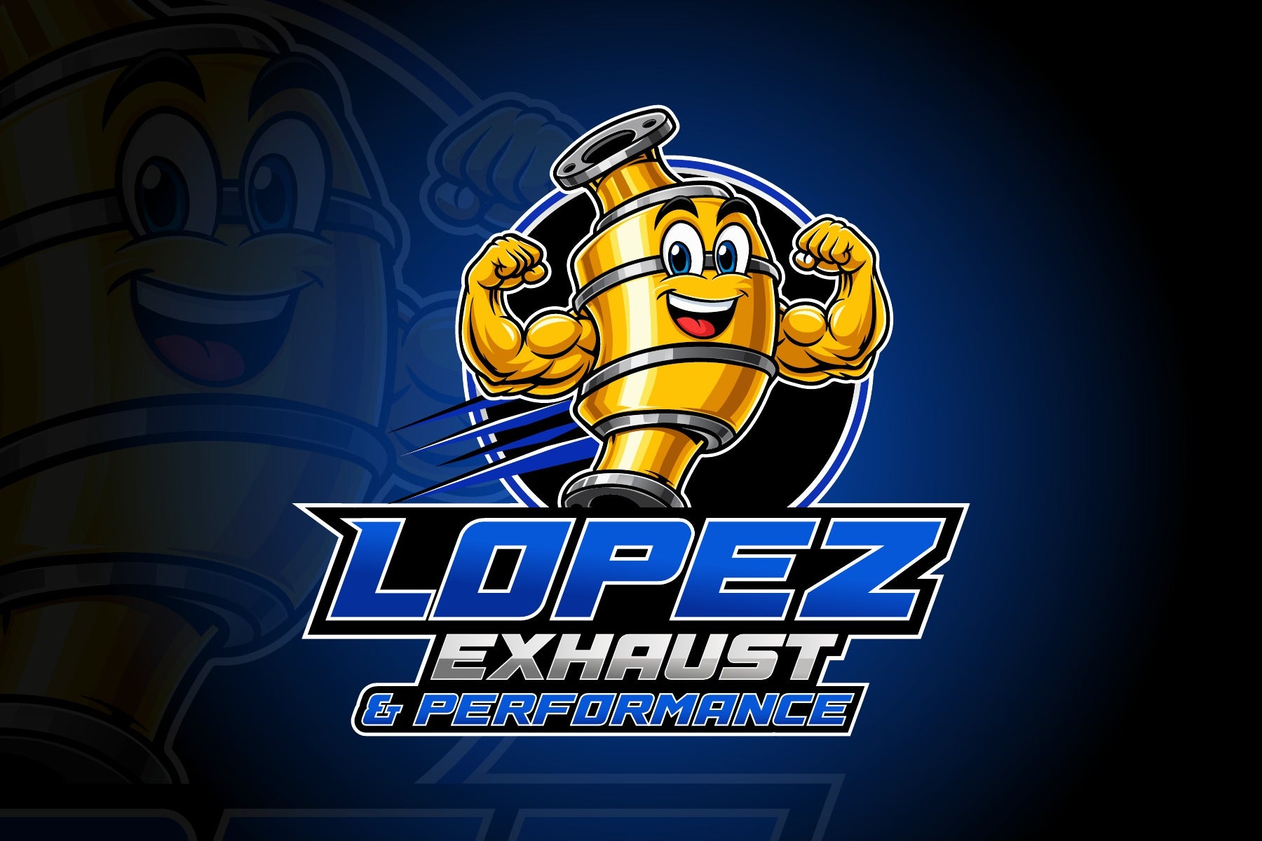 López Exhaust & Performance mascot logo over the original black and blue artwork